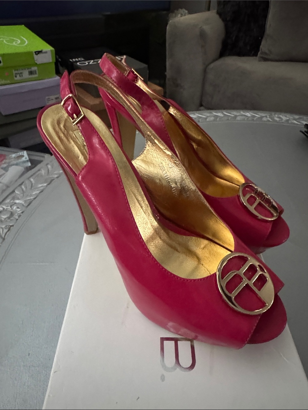 Arden B. Pink Slingback Peep-Toe High Heels with Gold Accent